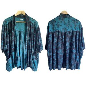 ECOTE Teal Black Floral Open Kimono Wrap Size Small 3/4 Sleeve 100% Rayon Boho